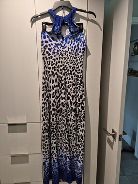 Cache Blue and White Halter Animal Print Maxi Dress